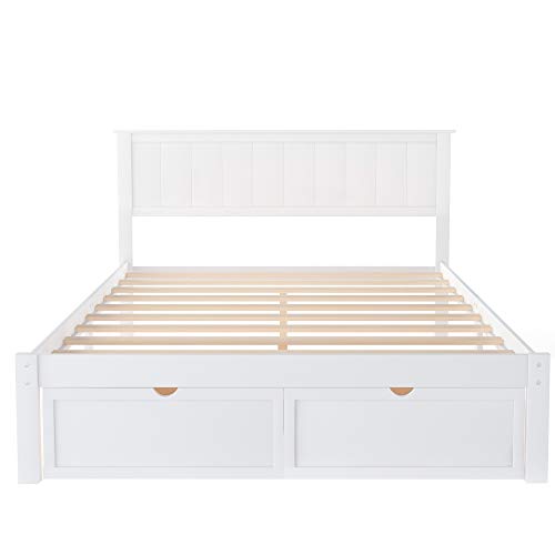 Modern Solid Wooden Platform Bed with Large Drawer Low Bed Frame with Headboard, No Box Spring Needed/Easy Assembly, Full White