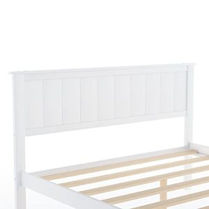 Modern Solid Wooden Platform Bed with Large Drawer Low Bed Frame with Headboard, No Box Spring Needed/Easy Assembly, Full White