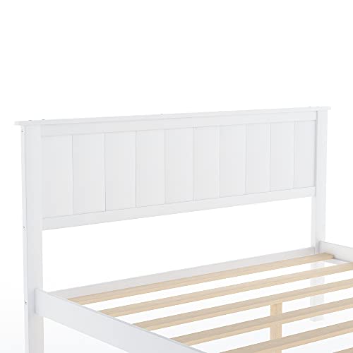 Modern Solid Wooden Platform Bed with Large Drawer Low Bed Frame with Headboard, No Box Spring Needed/Easy Assembly, Full White