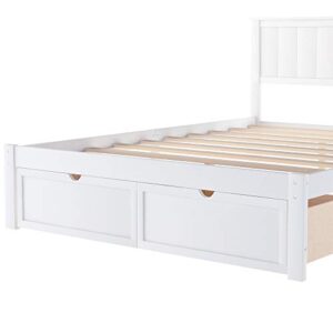 Modern Solid Wooden Platform Bed with Large Drawer Low Bed Frame with Headboard, No Box Spring Needed/Easy Assembly, Full White