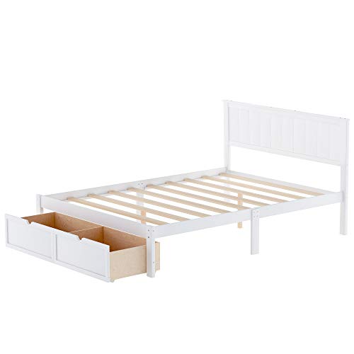 Modern Solid Wooden Platform Bed with Large Drawer Low Bed Frame with Headboard, No Box Spring Needed/Easy Assembly, Full White