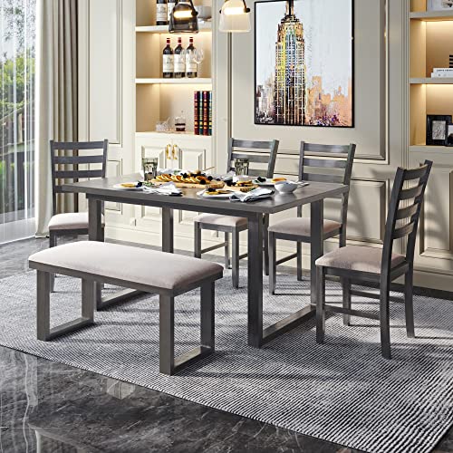 Merax 6-Piece Wooden Dining Table Set with 4 Chairs and 1 Bench, Family Furniture for Kitchen, Grey(Beige Cushion)