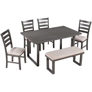 Merax 6-Piece Wooden Dining Table Set with 4 Chairs and 1 Bench, Family Furniture for Kitchen, Grey(Beige Cushion)