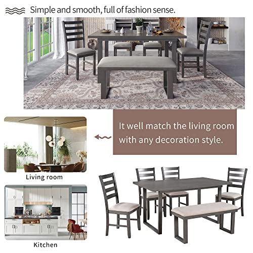 Merax 6-Piece Wooden Dining Table Set with 4 Chairs and 1 Bench, Family Furniture for Kitchen, Grey(Beige Cushion)