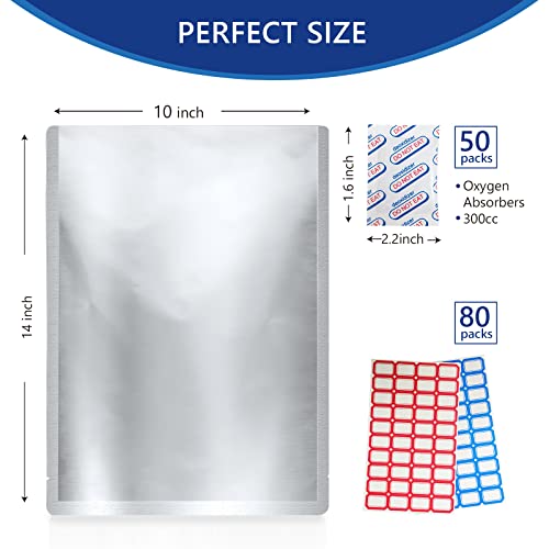 50 Mylar Bags for Food Storage with Oxygen Absorbers 300CC - 1 Gallon Heat Sealable Mylar Bag Smell Proof Bag Reusable Bags Long Term Food Storage Bags