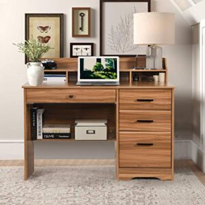 Computer Desk with 4 Drawers and Hutch, Office Desk with File Drawers and Monitor Shelf, Small Roll Top Desk For Small Space, Vintage Executive Desk For Home Office, Rustic Oak Desk with Drawer