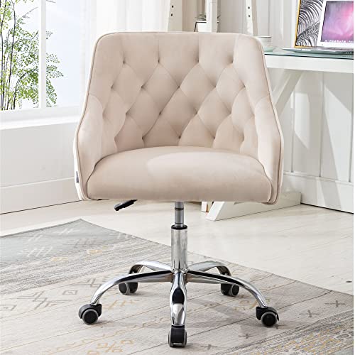 HomSof Home Desk Modern Velvet Office Computer Height Adjustable Mid-Back Task Chair, Beige, Silver Feet