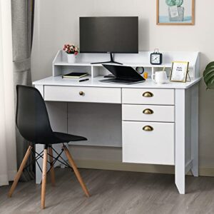catrimown computer desk with 4 storage drawers and shelves, white farmhouse office desk for bedroom teens writing desk, executive desks for home office, white vintage small desk for small place