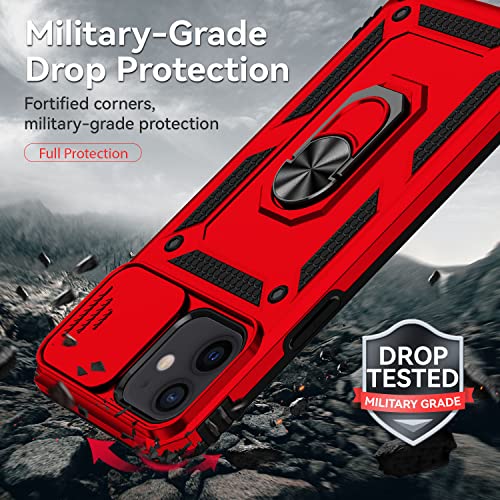 Hitaoyou iPhone 12/12 pro case, iPhone 12/12 pro Case with Camera Cover & Kickstand Military Grade Shockproof Heavy Duty Protective with Magnetic Car Mount Holder for iPhone 12/12 pro,Red