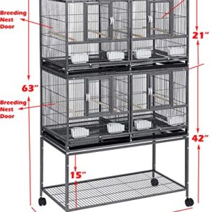 1/2/3-Combo Stacker Center Divided Breeder Breeding Bird Flight Double Rolling Cage for Aviaries Canaries Cockatiels Lovebirds Finches Budgies Small Parrots (Black Vein, Two Stacker)