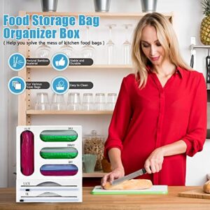 2 in 1 Ziplock Bag Storage and Tin Foil Organizer, Plastic Wrap Dispenser with Cutter for Kitchen Drawer, Bamboo Wood Food Organizer Gallon, Slider Quart, Sandwich Snack, White