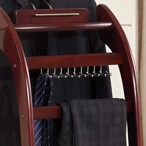 Proman Products Windsor Signature Valet Stand VL36158 with Tray, Detachable Contour Hanger, Trouser Bar, Tie Rack, 13.5" W x 16.5" D x 45" H, Dark Mahogany
