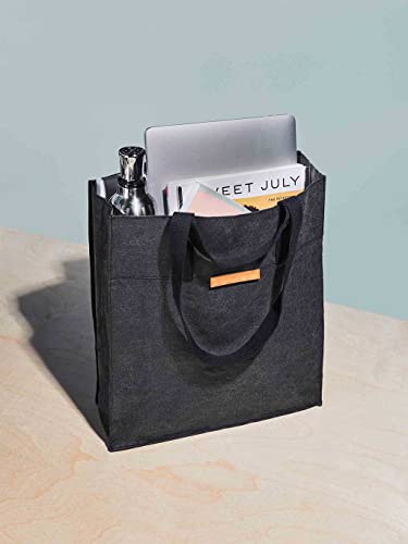 Out of the Woods City Tote – Vegan Tote Bag with dual Short and Long Handles – Supernatural Paper Reusable Shopper – Strong Washable Medium-Large Collapsible Bag, Ebony with Coordinating Black Handles