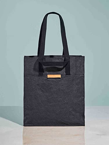 Out of the Woods City Tote – Vegan Tote Bag with dual Short and Long Handles – Supernatural Paper Reusable Shopper – Strong Washable Medium-Large Collapsible Bag, Ebony with Coordinating Black Handles