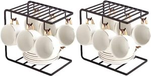 gweobz 2 pack cup organizer for kitchen cabinets metal mug holders stand for counter universal wire 6 hooks cup display rack- brown (2)