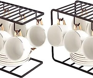 GWEOBZ 2 Pack Cup Organizer for Kitchen Cabinets Metal Mug Holders Stand for Counter Universal Wire 6 Hooks Cup Display Rack- Brown (2)