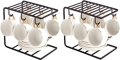 GWEOBZ 2 Pack Cup Organizer for Kitchen Cabinets Metal Mug Holders Stand for Counter Universal Wire 6 Hooks Cup Display Rack- Brown (2)