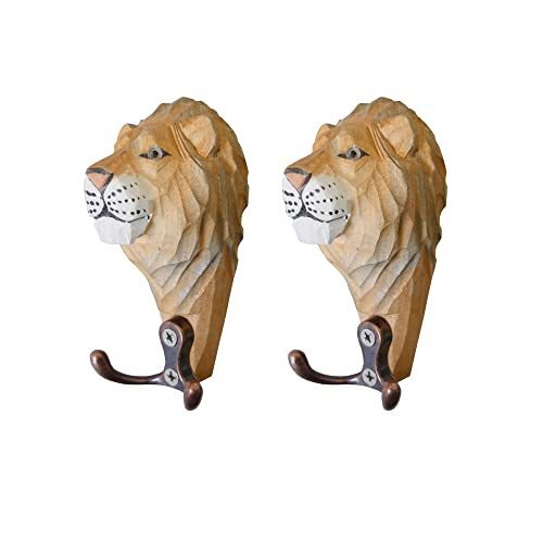 MAGIC WOOD 2PCS Natural Wooden Hooks Animal Creative Wall Mounted Art Décor Hat Coat Towel Hanger Gift (Lion)