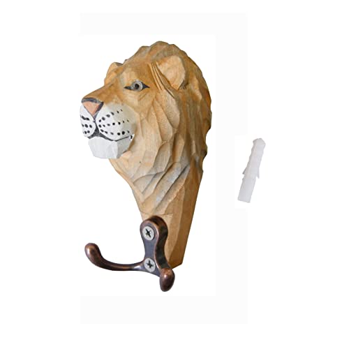 MAGIC WOOD 2PCS Natural Wooden Hooks Animal Creative Wall Mounted Art Décor Hat Coat Towel Hanger Gift (Lion)