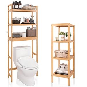 smibuy bamboo bathroom over-the-toilet storage shelf with 3-tier adjustable shelves and 4-tier bamboo rack organizer unit for living room bedroom kitchen (natural)