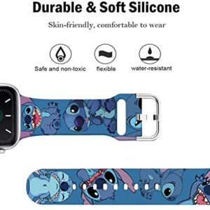 Sjiangqiao Compatible with Apple Watch Bands Stitch 41mm 40mm 38mm Cute Cartoon Band Lovely Style Replacement Strap Soft Silicone Chic Cartoon Design Pattern Sports Bands for iWatch Series SE/SE2 8 7 6 5 4 3 2 1 Men Women(Blue)