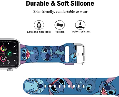 Sjiangqiao Compatible with Apple Watch Bands Stitch 41mm 40mm 38mm Cute Cartoon Band Lovely Style Replacement Strap Soft Silicone Chic Cartoon Design Pattern Sports Bands for iWatch Series SE/SE2 8 7 6 5 4 3 2 1 Men Women(Blue)