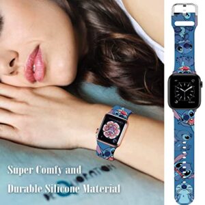 Sjiangqiao Compatible with Apple Watch Bands Stitch 41mm 40mm 38mm Cute Cartoon Band Lovely Style Replacement Strap Soft Silicone Chic Cartoon Design Pattern Sports Bands for iWatch Series SE/SE2 8 7 6 5 4 3 2 1 Men Women(Blue)