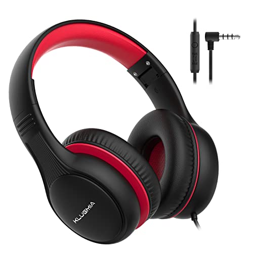 KLUGMIA Wired Kids Headphones, 85dB/94dB Volume Limited, Over Ear Headphones for Kids with in-line HD Mic, Audio Sharing, Foldable Kids Headphones Wired (Black red)