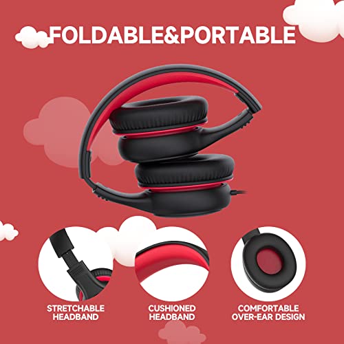 KLUGMIA Wired Kids Headphones, 85dB/94dB Volume Limited, Over Ear Headphones for Kids with in-line HD Mic, Audio Sharing, Foldable Kids Headphones Wired (Black red)