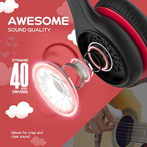 KLUGMIA Wired Kids Headphones, 85dB/94dB Volume Limited, Over Ear Headphones for Kids with in-line HD Mic, Audio Sharing, Foldable Kids Headphones Wired (Black red)