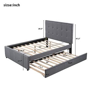 GLORHOME Full Size Upholstered Platform Bed with Headboard and Trundle,Wood Slat Support, Space Saving Furniture for Bedroom, Grey1