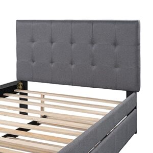 GLORHOME Full Size Upholstered Platform Bed with Headboard and Trundle,Wood Slat Support, Space Saving Furniture for Bedroom, Grey1