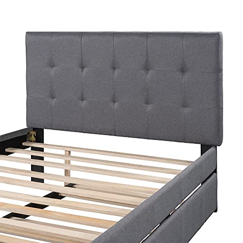 GLORHOME Full Size Upholstered Platform Bed with Headboard and Trundle,Wood Slat Support, Space Saving Furniture for Bedroom, Grey1