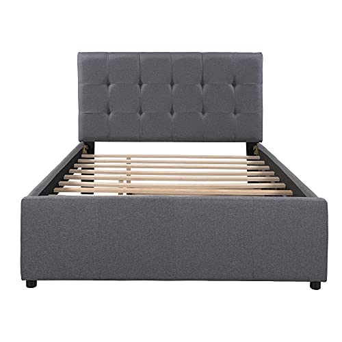 GLORHOME Full Size Upholstered Platform Bed with Headboard and Trundle,Wood Slat Support, Space Saving Furniture for Bedroom, Grey1