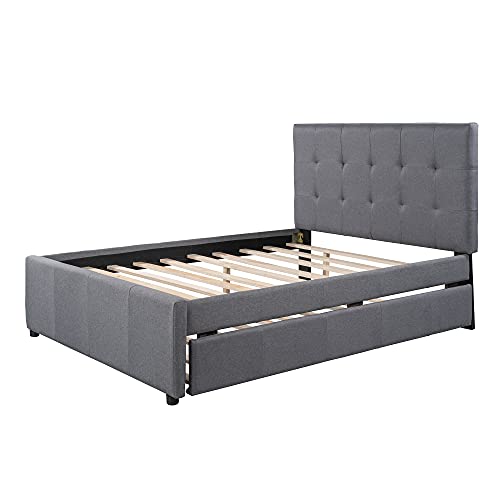 GLORHOME Full Size Upholstered Platform Bed with Headboard and Trundle,Wood Slat Support, Space Saving Furniture for Bedroom, Grey1