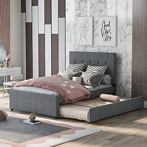 GLORHOME Full Size Upholstered Platform Bed with Headboard and Trundle,Wood Slat Support, Space Saving Furniture for Bedroom, Grey1