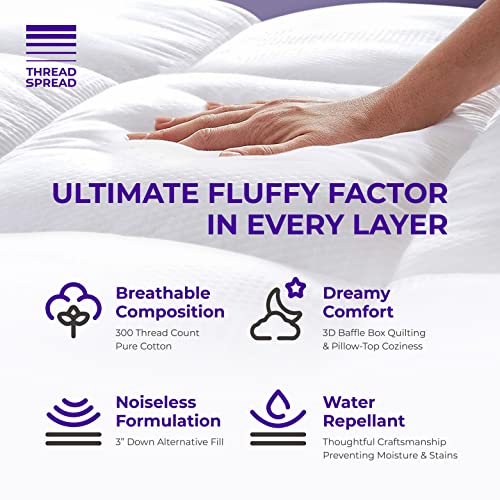 THREAD SPREAD Full Cooling Mattress Topper, Pillow-Top Optimum Thickness, Soft 100% Cotton Fabric, Breathable & Plush Quilted Down-Like Fill, Snug Deep Pocket fit