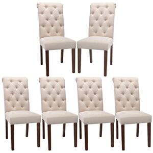 colamy button tufted dining chairs set of 6, accent parsons diner chair upholstered fabric dining room chairs stylish kitchen chairs with solid wood legs and padded seat - dark beige