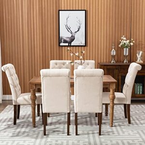 COLAMY Button Tufted Dining Chairs Set of 6, Accent Parsons Diner Chair Upholstered Fabric Dining Room Chairs Stylish Kitchen Chairs with Solid Wood Legs and Padded Seat - Dark Beige