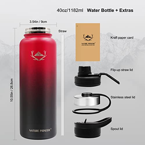 NATURE PIONEOR Insulated Water Bottles with Paracord Handle - 24/32/40/64 oz Vacuum Sports Wide Mouth Water Bottle with 3 Lids, Leak Proof Stainless Steel Keeps Hot and Cold