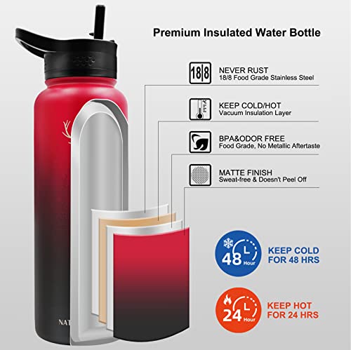 NATURE PIONEOR Insulated Water Bottles with Paracord Handle - 24/32/40/64 oz Vacuum Sports Wide Mouth Water Bottle with 3 Lids, Leak Proof Stainless Steel Keeps Hot and Cold