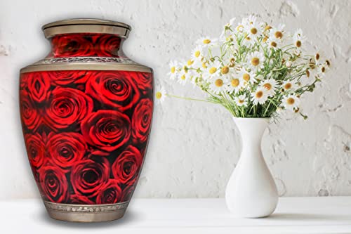 Crimson Rose Cremation Urn for Human Ashes Adult Large up to 220cu Handcrafted Aluminuim Metal Decorative Urn Rose Cremation Urn (Large)