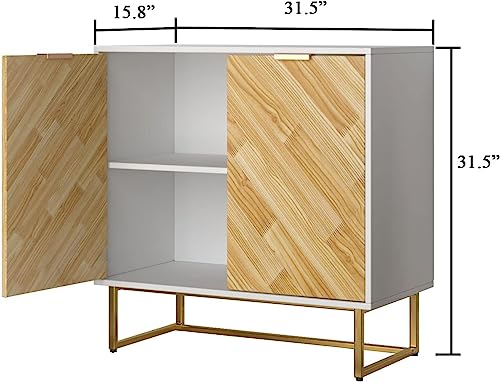 Accent Cabinet with 2 Doors, White Buffet Sideboard Cabinet with Gold Metal Base, Kitchen Accent Storage Cabinet Console Table with Adjustable Shelf, Boho Cabinet Credenzas for Living Room