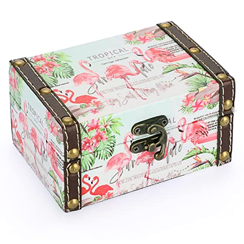 Hipiwe Small Wooden Treasure Box PU Leather Decorative Jewelry Keepsake Boxes Trinket Storage Organizer for for Girls Boys Gifts Home Decor, Flamingo