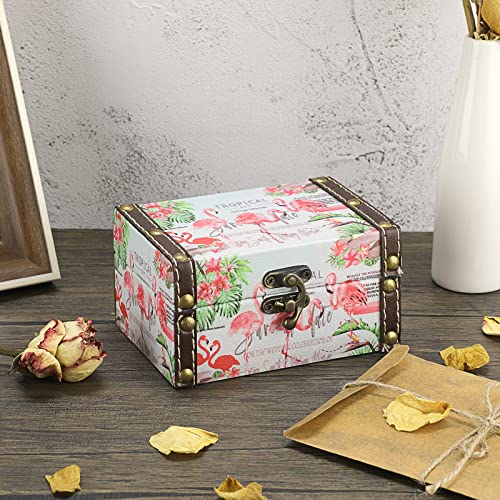 Hipiwe Small Wooden Treasure Box PU Leather Decorative Jewelry Keepsake Boxes Trinket Storage Organizer for for Girls Boys Gifts Home Decor, Flamingo