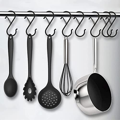 10 Pack Heavy Duty S Hooks Stainless Steel S Shaped Hooks Hanging Hangers for Kitchenware Spoons Pans Pots Utensils Clothes Bags Towers Tools Plants Heavy Duty Rustproof Safety Buckle Design(Black)