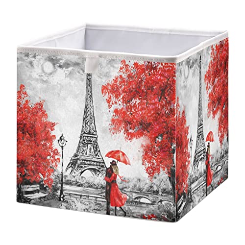 ALAZA Oil Painting Paris Eiffel Tower France Watercolor 11 Inch Cube Storage Bin Organizer Foldable Basket for Closet Cabinet Shelf Office