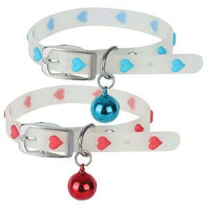 2pcs glow in the dark cat collars with bell, adjustable (20-30cm) pet collars with metal buckle, suitable for all cat and small dog (love heart)