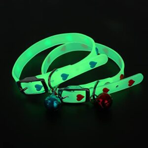 2Pcs Glow in The Dark Cat Collars with Bell, Adjustable (20-30cm) Pet Collars with Metal Buckle, Suitable for All Cat and Small Dog (Love Heart)
