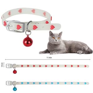 2Pcs Glow in The Dark Cat Collars with Bell, Adjustable (20-30cm) Pet Collars with Metal Buckle, Suitable for All Cat and Small Dog (Love Heart)